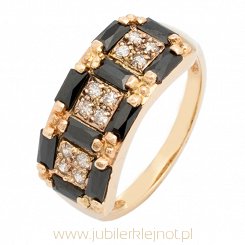 Pierścionek złoty z cyrkoniami i onyksami próba 585
